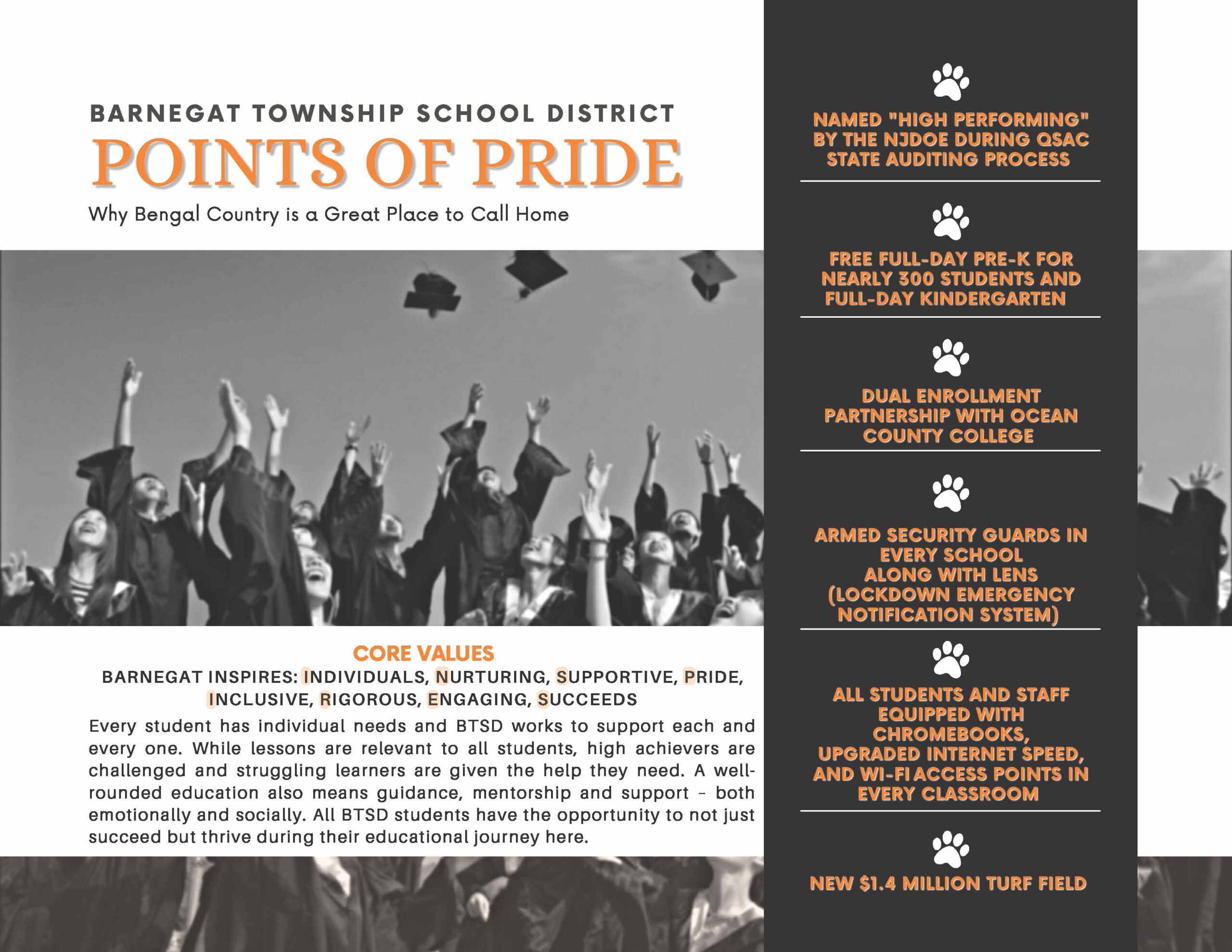 A black and white image of students throwing up their caps during a graduation ceremony is accompanied by information about points of pride that the Barnegat Township School District celebrates. 