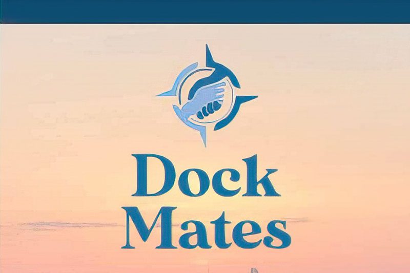 The Dock Mates Logo is emblazoned above a picture of a sunset with a commercial fishing boat in the distance. Another photo of a commercial fisherman is also featured along with text about the program and services offered.
