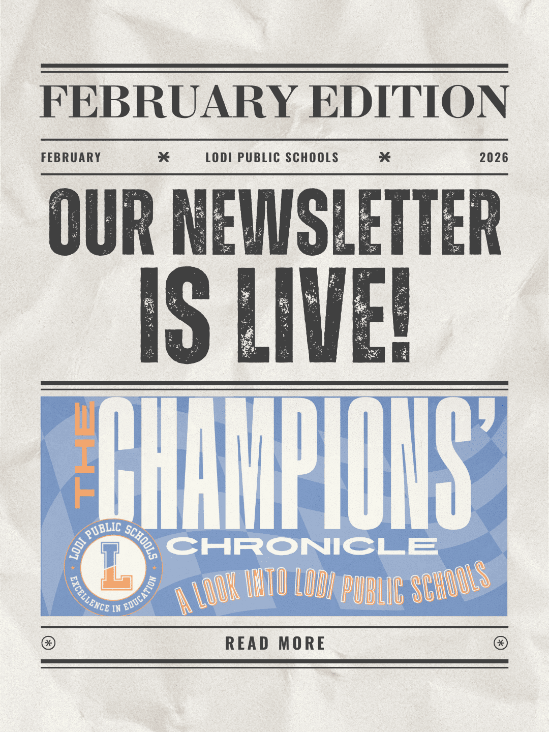 A digital layout of the Lodi Public Schools monthly Smore newsletter featuring student achievements, seasonal school events, and custom district graphics.