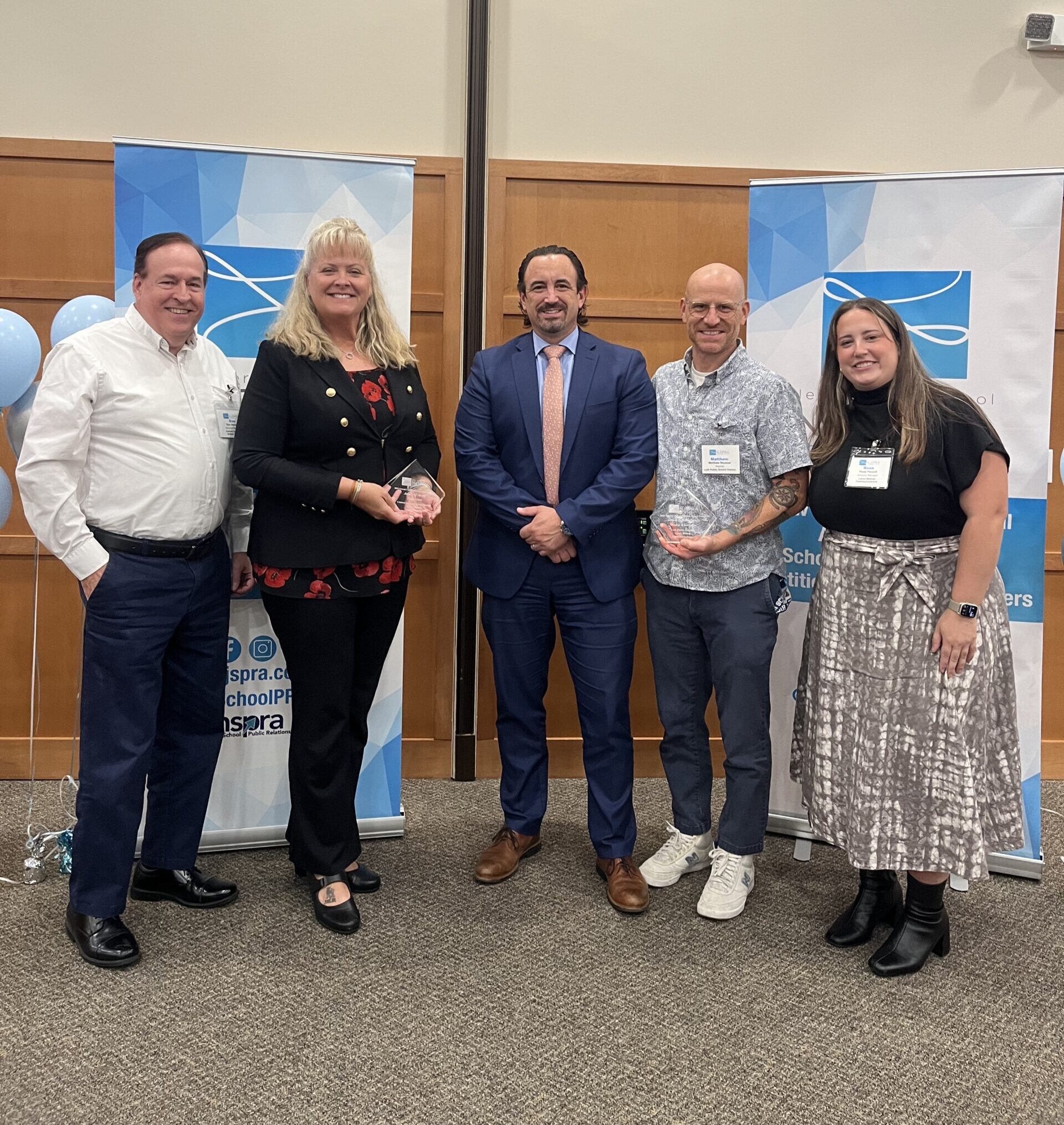LBC Account Manager Dan Hanson (from left), Central Regional School District Superintendent Dr. Michelle CarneyRay-Yoder, Lodi Public Schools Superintendent Frank D’Amico, Lodi High School Art Teacher and Surf Club Advisor Matthew Nicolosi and LBC Account Manager Rose Pezzuti at the 2025 NJSPRA Communications Awards.