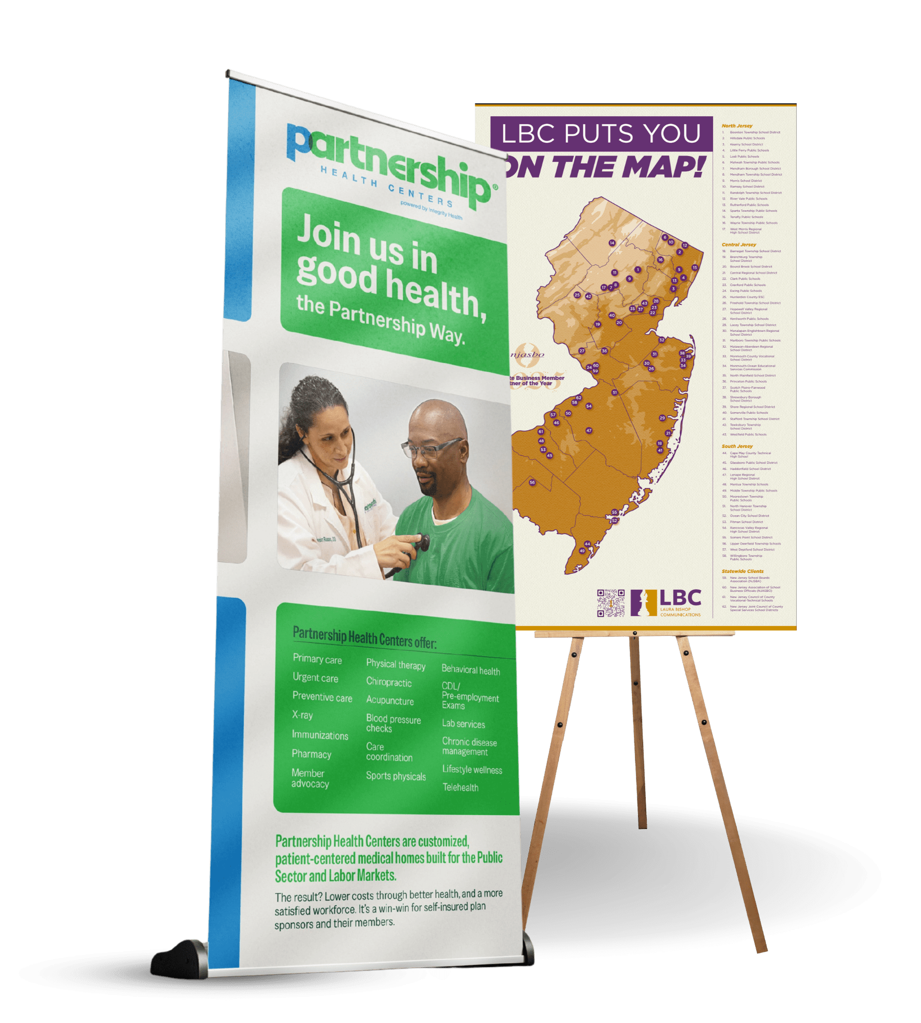 Integrity Health Standing Promo Banner and LBC Puts you on the map sign