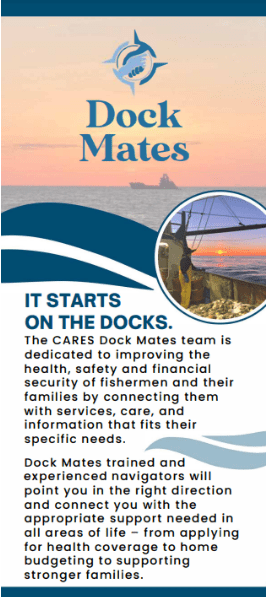 The Dock Mates Logo is emblazoned above a picture of a sunset with a commercial fishing boat in the distance.  Another photo of a commercial fisherman is also featured along with text about the program and services offered.